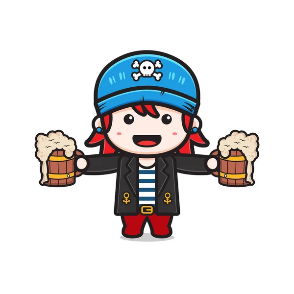 可爱的海盗拿着啤酒吉祥物卡通人物剪贴画 设计独立的平面卡通风格 — 图库矢量图片
