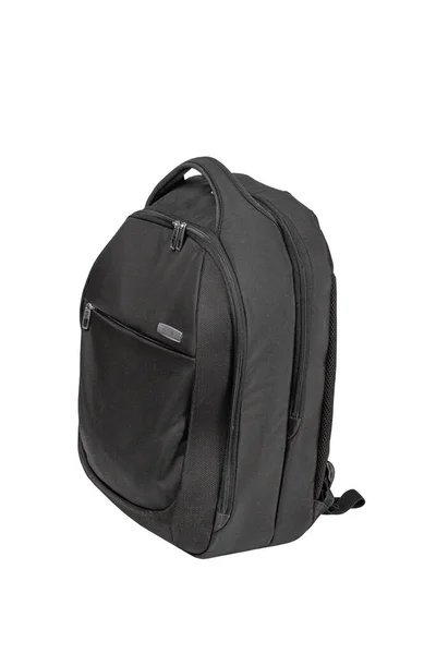 Black backpack for a computer on a white isolated background. Business accessories. Stock Picture