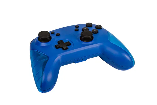 Синій ігровий контролер для ігрової станції на білому ізольованому фоні Стокова Картинка