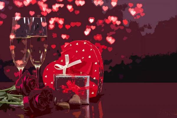 Valentinstag Zusammensetzung Eine Rote Herzförmige Geschenkschachtel Mit Schleifen Eine Silberne — Stockfoto