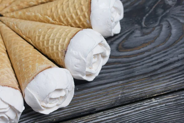 Homemade Marshmallows Spread Out Table Surface Zephyr Waffle Cone Made — Stock Photo, Image