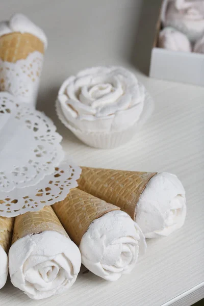 Homemade Marshmallows Spread Out Table Surface Zephyr Waffle Cone Made — Stock Photo, Image