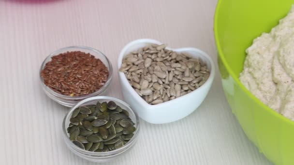 Making Bread Green Buckwheat Containers Contain Flax Pumpkin Sunflower Seeds — Stock Video