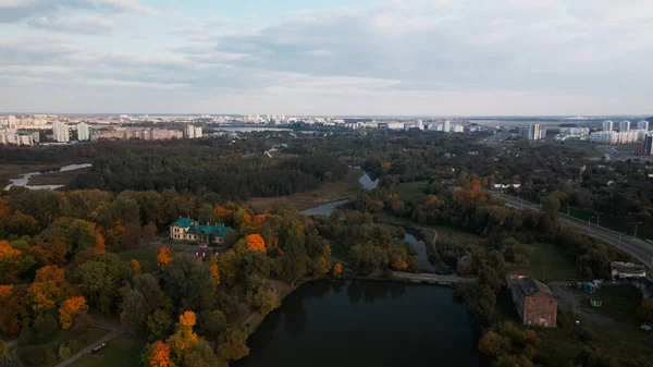 Vlucht Het Herfstpark Bomen Met Gele Herfstbladeren Zijn Zichtbaar Aan — Stockfoto