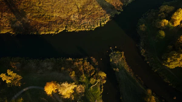 Miejsce Parkingowe Kręta Rzeka Liliami Wodnymi Drzewa Żółtymi Liśćmi Jesieni — Zdjęcie stockowe