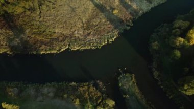 Park alanı. Parkta bir nehir akar. Sarı sonbahar yapraklı ağaçlar görülebilir. Hava fotoğrafçılığı.