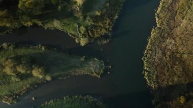 Park alanı. Dolambaçlı bir nehir. Sarı sonbahar yapraklı ağaçlar görülebilir. Hava fotoğrafçılığı.