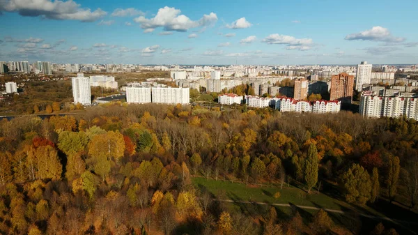Flug Über Den Herbstpark Horizont Steht Ein Stadthaus Bäume Mit — Stockfoto