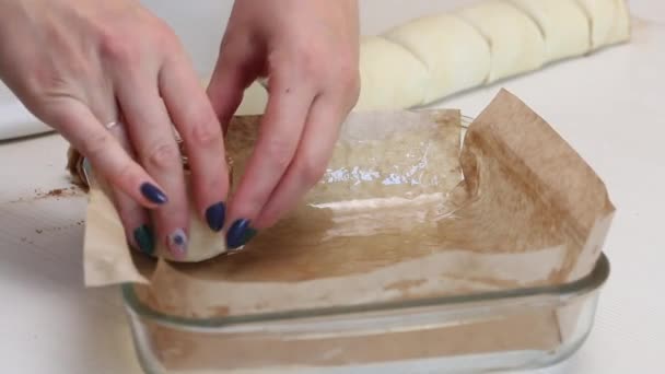 Bir Kadın Tarçın Pişirmek Için Bir Kabın Içine Dilimlenmiş Hamur — Stok video