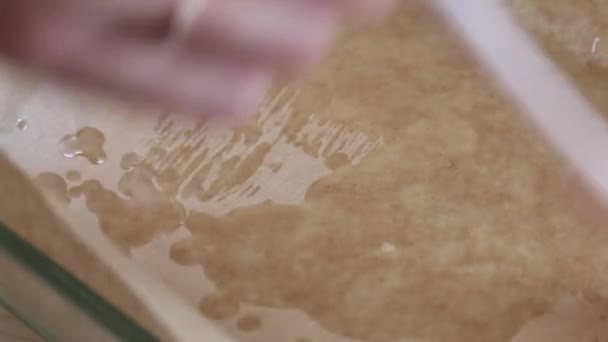 Kvinna Smetar Solrosolja Pergament Bakform Med Cinnabon Närbild — Stockvideo