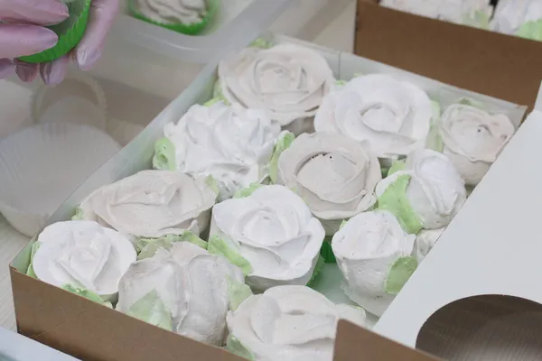 Marshmallow Fatti Casa Scatole Artigianali Regalo Zephyr Sotto Forma Rose — Foto Stock
