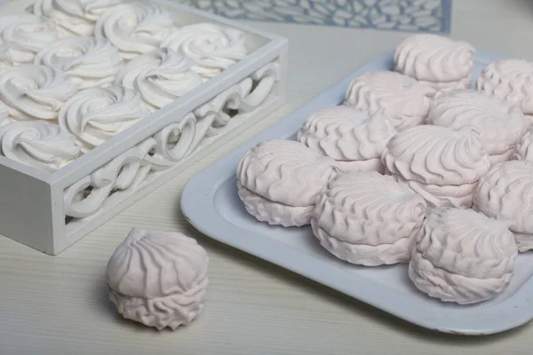 Homemade Marshmallows Tray Zephyr Powdered Sugar Lying Rows — Stock Photo, Image