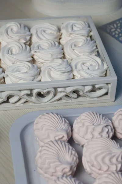 Domácí Marshmallow Podnose Zephyr Práškovém Cukru Ležící Řadách — Stock fotografie