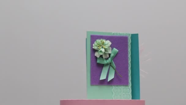 Homemade Greeting Card Made Paper Decorative Flowers Stands Rotating Stage — Stock Video