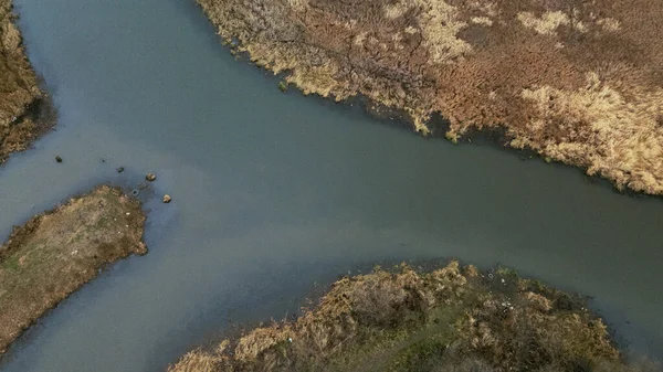 市内公園の中の川 川の岸に沿って葦の乾燥 カメラを下へ 空中写真 — ストック写真