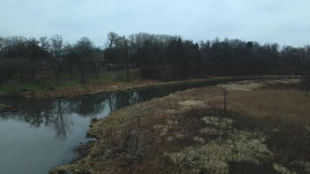 Der Fluss Stadtpark Spätherbst Bewölkt Bäume Ohne Blätter Und Getrocknetes — Stockvideo