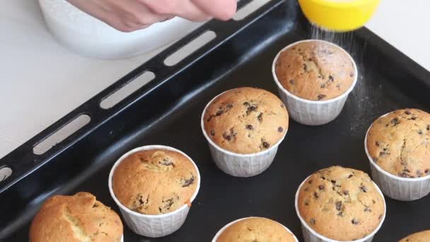 Woman Sprinkles Icing Sugar Freshly Baked Muffins Muffins Spread Out — Stock Video