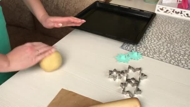 Woman Mixes Lump Dough Making Biscuit Cookies Cooking Marshmallow Sandwiches — Stock Video