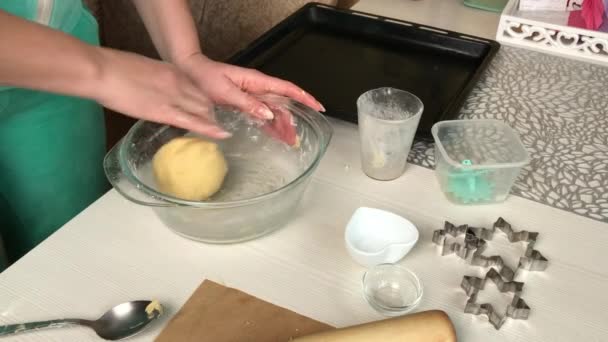 Woman Mixes Lump Dough Making Biscuit Cookies Cooking Marshmallow Sandwiches — Stock Video