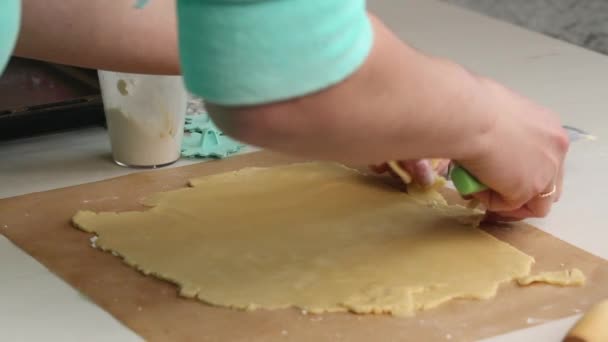 Kvinnan Skär Den Rullade Kakdegen Matlagning Marshmallow Smörgåsar Bredvid Den — Stockvideo