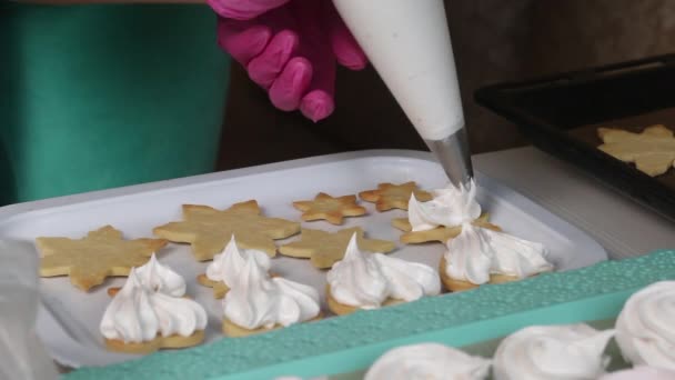Uma Mulher Faz Sanduíches Marshmallow Ela Põe Marshmallows Biscoitos Esponja — Vídeo de Stock