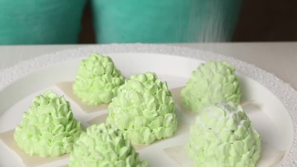 Woman Sprinkles Powdered Sugar Marshmallow Cones Light Green Marshmallow Cones — Stockvideo