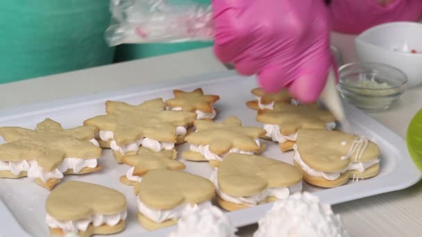 Vrouw Versiert Marshmallow Sandwiches Met Witte Chocolade Close Opname — Stockvideo