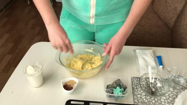 Bir Kadın Zencefilli Ekmeğe Malzeme Ekler Hamuru Konteynırda Karıştırıyor Kar — Stok video