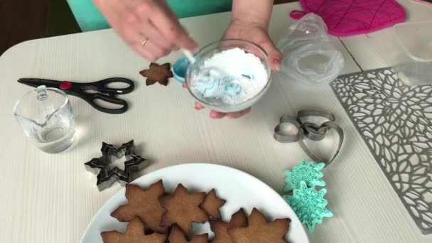 Woman Prepares Icing Decorate Gingerbread Nearby Gingerbreads Form Snowflakes Overall — Vídeo de Stock