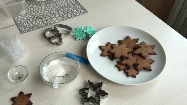 Woman Works Food Coloring Prepares Icing Decorating Gingerbread Nearby Gingerbreads — 图库视频影像