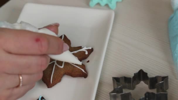 Woman Decorates Gingerbread Sugar Icing Using Pastry Bag Gingerbread Cookies — Stockvideo