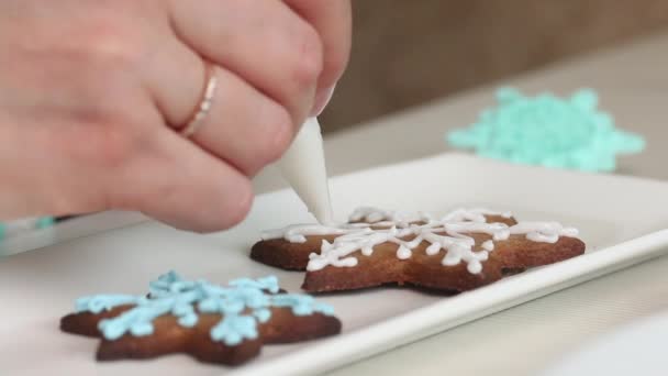 Woman Decorates Gingerbread Sugar Icing Using Pastry Bag Gingerbread Cookies — Stockvideo