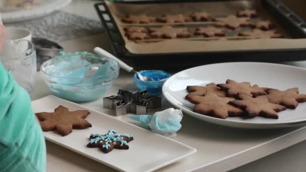 Woman Fills Pastry Bags Icing Decorating Gingerbread Gingerbread Cookies Laid — Video Stock