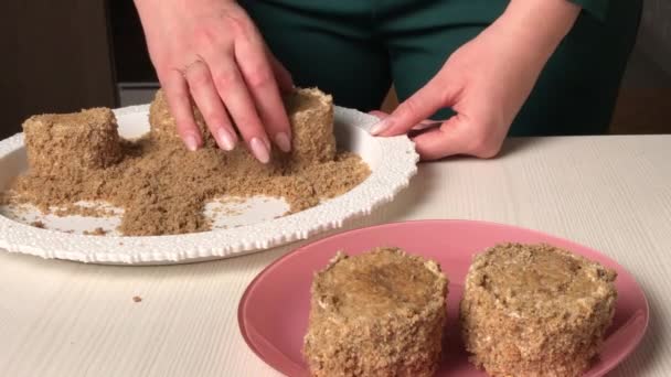 Eine Frau Backt Einen Biskuitteig Mit Buttercreme Taucht Kuchen Kekskrümel — Stockvideo