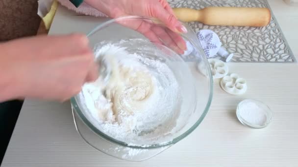 Woman Stirring Powdered Sugar Addition Honey Gelatin Makes Pastry Mastic — Stockvideo