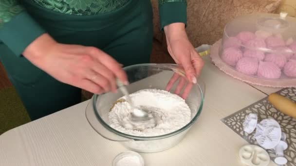 Woman Stirring Honey Gelatin Powdered Sugar Makes Pastry Mastic Overall — Stock Video