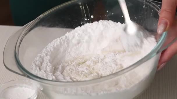 Woman Stirring Honey Gelatin Powdered Sugar Makes Pastry Mastic Close — Stockvideo