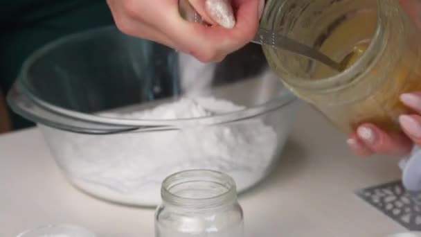 Woman Mixes Gelatin Honey Makes Pastry Mastic Ingredients Cooking Spread — Stockvideo