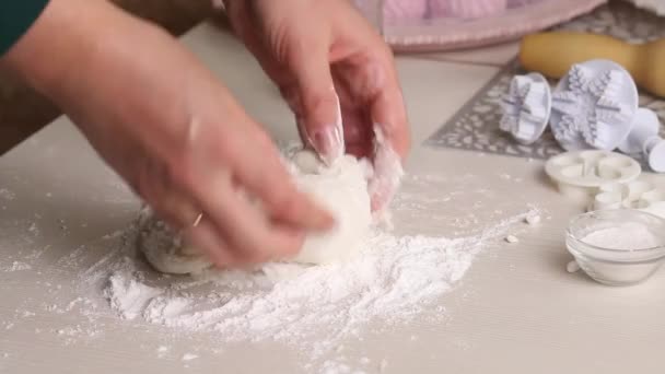 Woman Makes Confectionery Mastic Powdered Sugar Kneads His Hands Close — Stockvideo