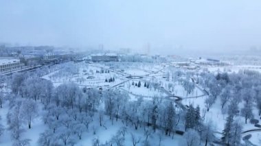 Kış şehri bahçesi. Karda ağaçlar. Karla kaplı bir parkın üzerinde uçuyor. Hava fotoğrafçılığı.