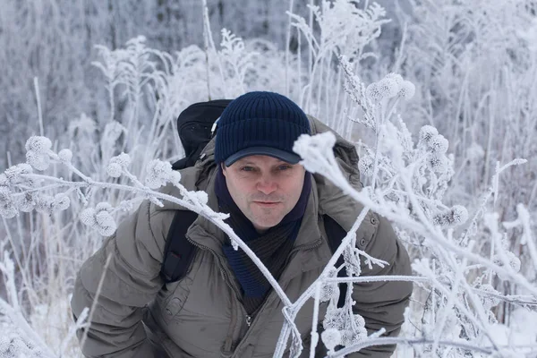 Man Winter Clothes Snow Covered Landscape Male Portrait Close — стоковое фото