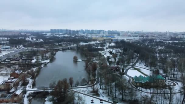 Survolez Rivière Dans Parc Urbain Enneigé Photographie Aérienne — Video