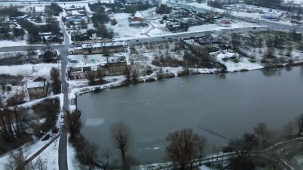 Flight River Snow Covered City Park Aerial Photography — 图库视频影像