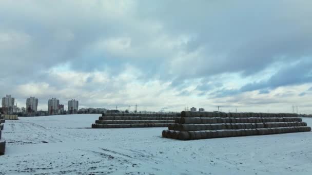 Flying Snowy Field Straw Bales Stacked Traces Agricultural Tillage Visible — Wideo stockowe