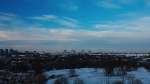 Flying Suburban Park City Blocks Visible Winter Cityscape Aerial Photography — стоковое фото