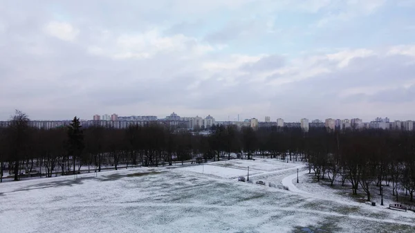Flying Sports Field Snow Covered City Park Aerial Photography — Stock fotografie