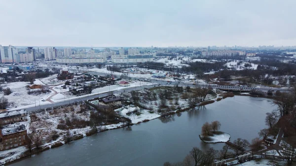 Flying Suburban Park City Blocks Visible Winter Cityscape Aerial Photography — Stok fotoğraf