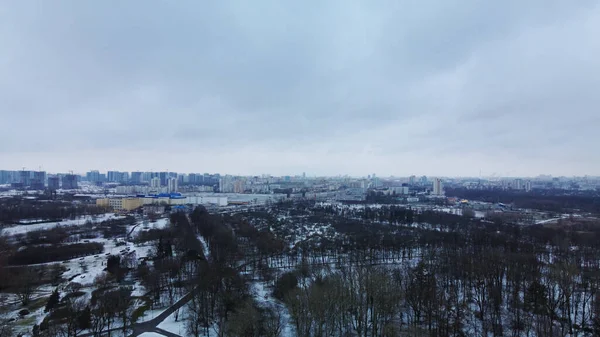 Flying Suburban Park City Blocks Visible Winter Cityscape Aerial Photography — Stock fotografie