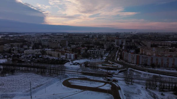 Flying Snowy Park City Visible Horizon Aerial Photography — Fotografia de Stock