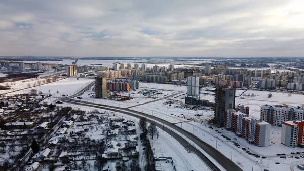 Byggarbetsplats För Ett Modernt Kvarter Höghus Uppförande Konstruktionstornskranar Byggarbetsplats Vintern — Stockfoto